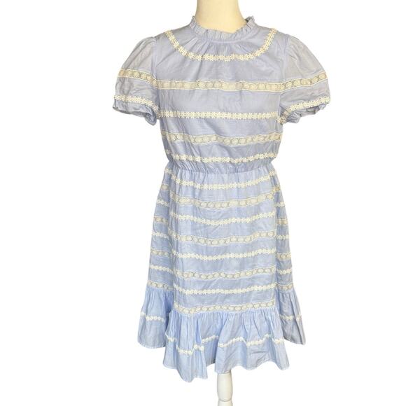 J. Crew Dresses & Skirts - J Crew Dress Womens 6 Sky Blue White Cotton Puff Sleeve Daisy Chain Flounce Hem